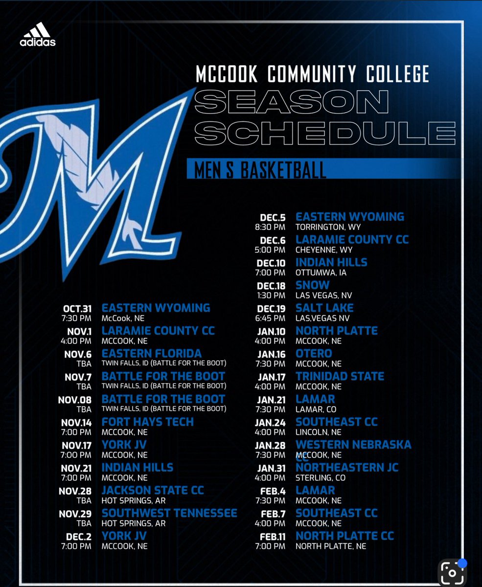 Season schedule!! Roll Tribe 🪶. Super hyped for this next chapter #jucoproduct <a href="/DillonHargrove/">Dillon Hargrove</a> <a href="/_DrakeHenderson/">Drake Henderson</a> <a href="/CoachCarbonel/">Taylor Carbonel</a> <a href="/MCCIndians/">McCook CC Athletics</a>