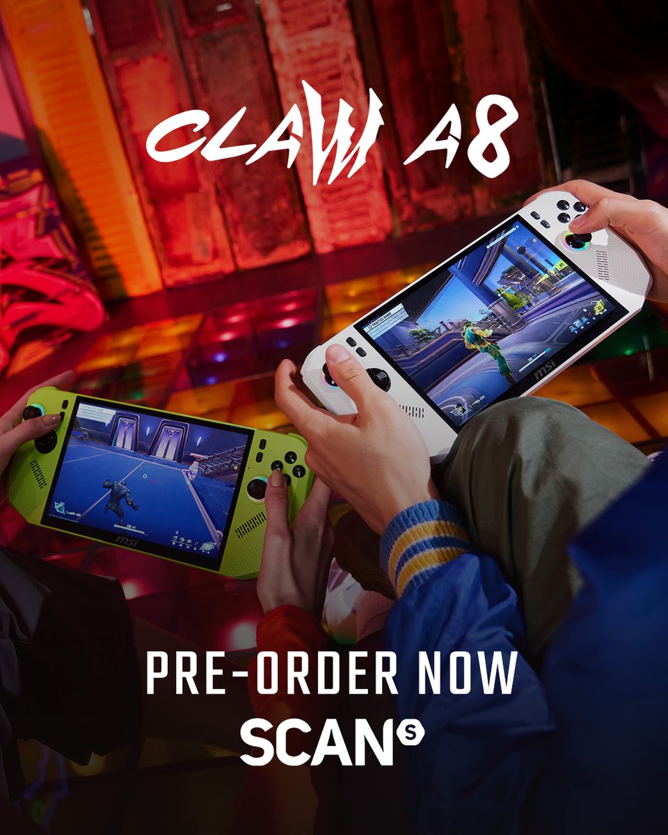 MSI__UK's tweet image. Are you ready? The MSI Claw A8 is dropping.

Our first handheld built with AMD Ryzen™ Z2 Extreme.
Available for Pre-order NOW at @ScanComputers 👉 msi.gm/Claw-A8-Scan 

#MSI #ClawA8 #Scan #Preorder