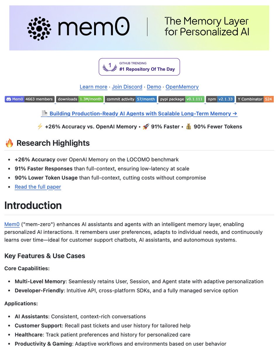 Sumanth_077's tweet image. Build AI Agents with scalable long-term memory!

Mem0 is a fully open source memory layer that provides AI agents with persistent, contextual memory.

100% Open Source