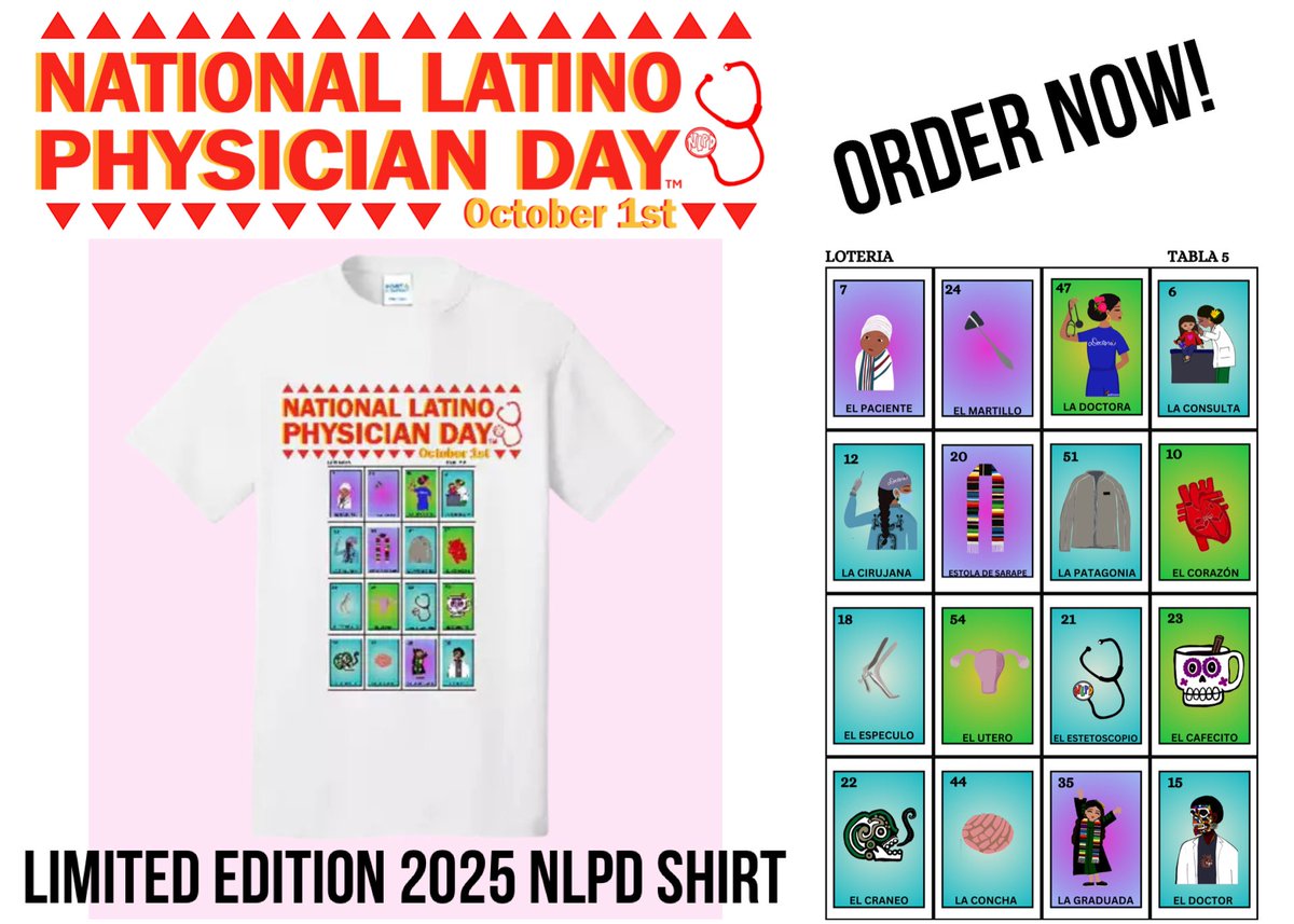 MichaelGalvezMD's tweet image. Now more than ever! Join us for National Latino Physician Day (NLPD) 2025. Lets go!!! Representation heals. Order for yourself, friends, colleagues, amigo, amiga, todos! 👇🏽Short window to order and link below.

shorturl.at/3LrtB

#nationallatinophysicianday
