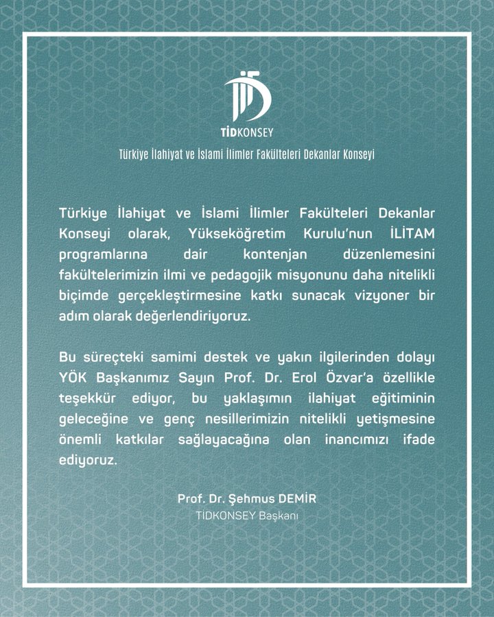 YÖK’ün Vizyoner Kararına Teşekkür
<a href="/YuksekogretimK/">Yükseköğretim Kurulu (YÖK)</a>
<a href="/erolozvar/">Erol Özvar</a>
<a href="/haldungoktas/">Haldun Göktaş</a>
@metintopcuoglu
<a href="/arcakli/">Erol ARCAKLIOĞLU</a>
<a href="/ArifBilgin_14/">Arif Bilgin</a>
@nacigundogan
<a href="/HuseynKaraman/">Prof. Dr. Hüseyin KARAMAN</a>
<a href="/Prof_Naci/">Prof. Naci Gündoğan</a>
<a href="/murtezabedir/">murteza bedir</a>
<a href="/ilkercarikci/">İlker Hüseyin Çarıkçı</a>
<a href="/halukgorgun/">Prof. Dr. Haluk Görgün</a>
<a href="/senelibrahim_/">İbrahim Şenel</a>