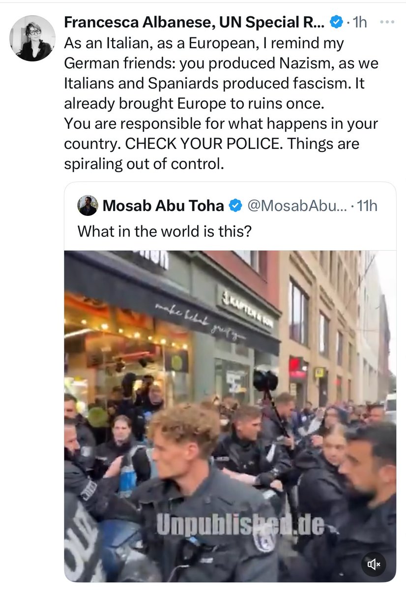 Die antisemitische #UN Tante #Albanese hetzt gegen Deutschland. Die deutsche Polizei hat den richtigen Griff gegen die Inszenierungen der Palli-Provokateure. #Israel #DefundUN
