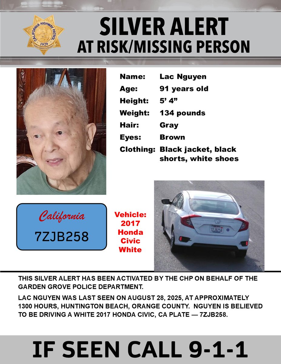 Silver Alert - Orange and San Diego Counties.
Last seen: Hickory Lane and Brabham Drive, Huntington Beach
<a href="/GardenGrovePD/">Garden Grove Police</a>

IF SEEN, CALL 9-1-1