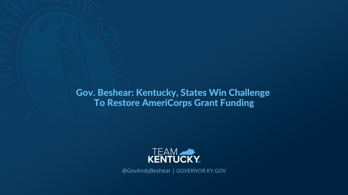 GovAndyBeshear's tweet photo. Today, Gov. Andy Beshear announced that he, Pennsylvania Gov. Josh Shapiro, 22 state attorneys general and the District of Columbia successfully secured all of the AmeriCorps funding the Trump administration tried to halt.

Read more: https://t.co/krrMDSbyHn https://t.co/gfVG845B4i