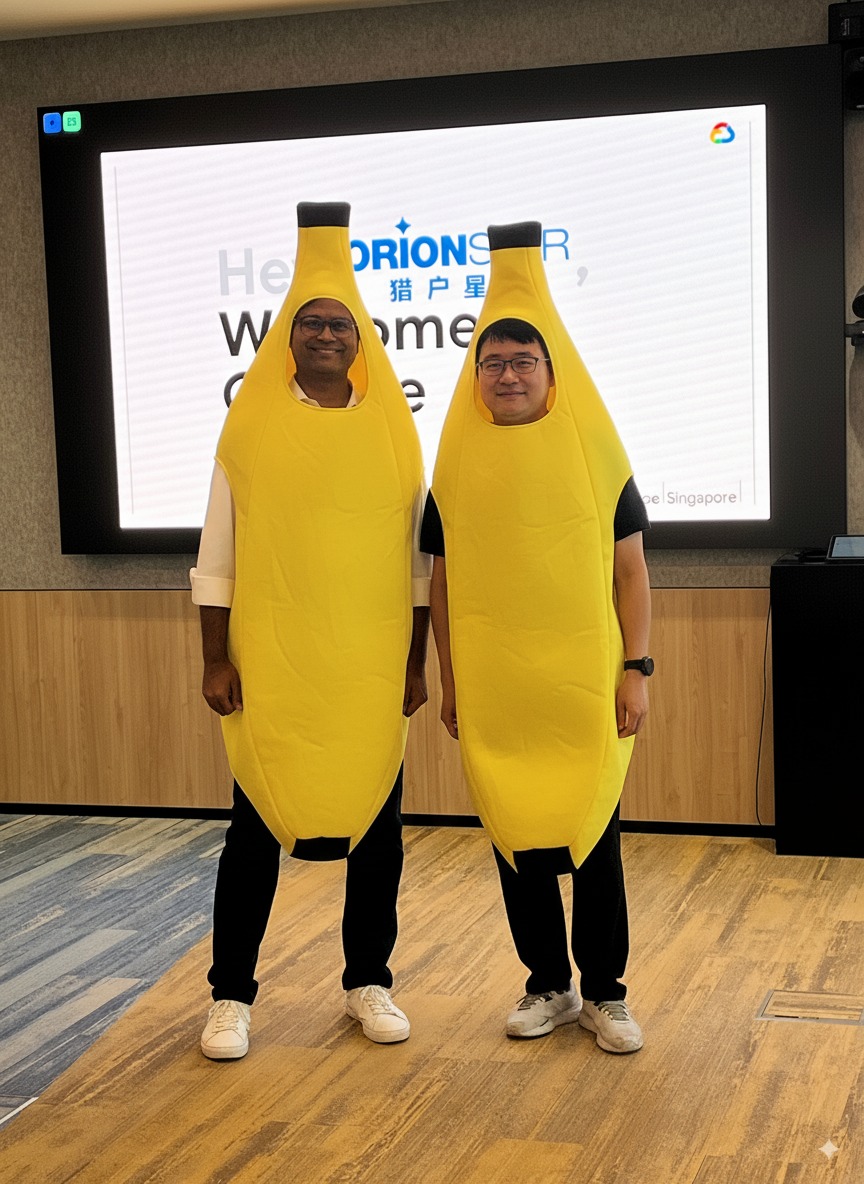 FuSheng_0306's tweet photo. At AI Asia, met the brilliant @mitesh_agarwal — and yes, we even have a banana-suit photo! (Generated by Nano Banana)
Tech meets fun, the best combo.
#AIAsia #GoogleCloud #nanobanana #Orionstar https://t.co/rQuYlUNOSg