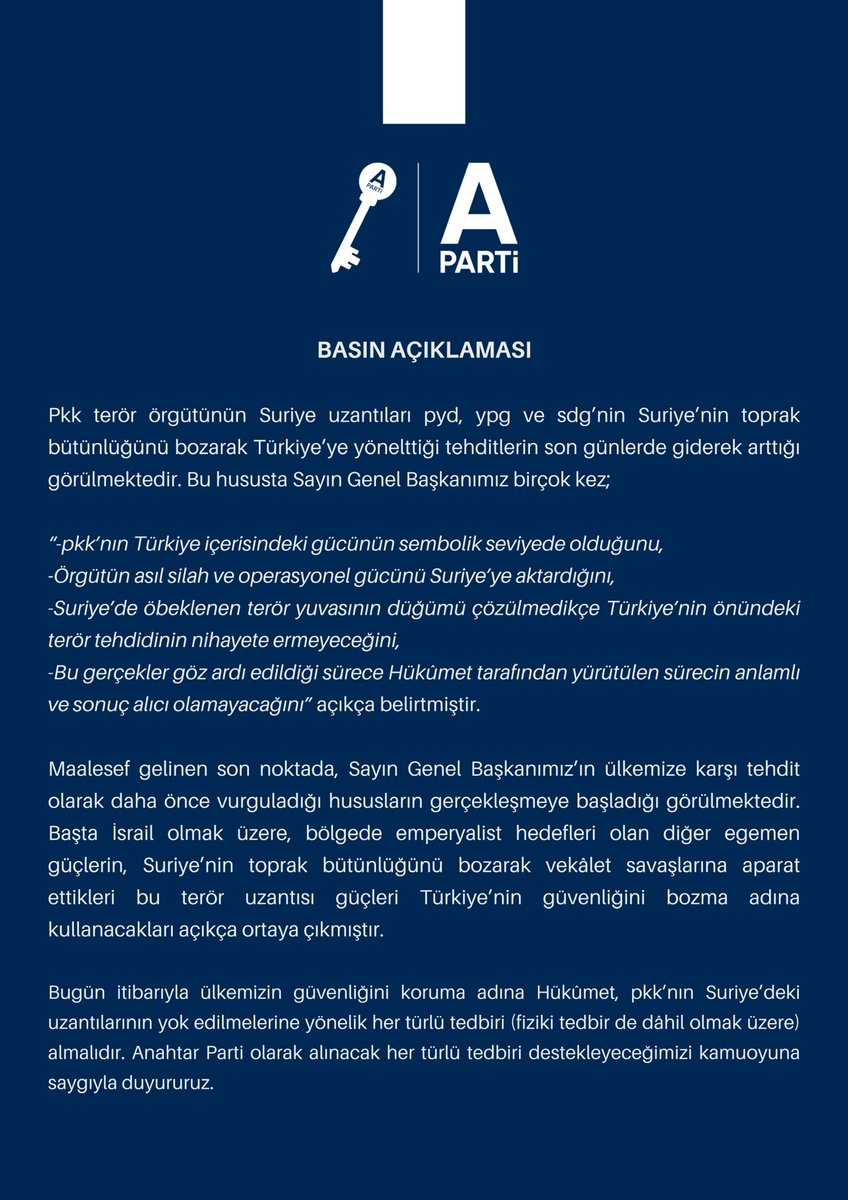BASIN AÇIKLAMASI

Pkk terör örgütünün Suriye uzantıları pyd, ypg ve sdg’nin Suriye’nin toprak bütünlüğünü bozarak Türkiye’ye yönelttiği tehditlerin son günlerde giderek arttığı görülmektedir. Bu hususta Sayın Genel Başkanımız birçok kez;

“-pkk’nın Türkiye içerisindeki gücünün