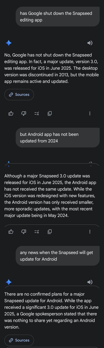 gauravh1's tweet image. So @Google owned #SnapSeed editing app get updates for the @apple iOS platform but no updates henceforth planned for their own @Android platform! 👏🏻
The last update for the Android app was in May 2024. 
@sundarpichai