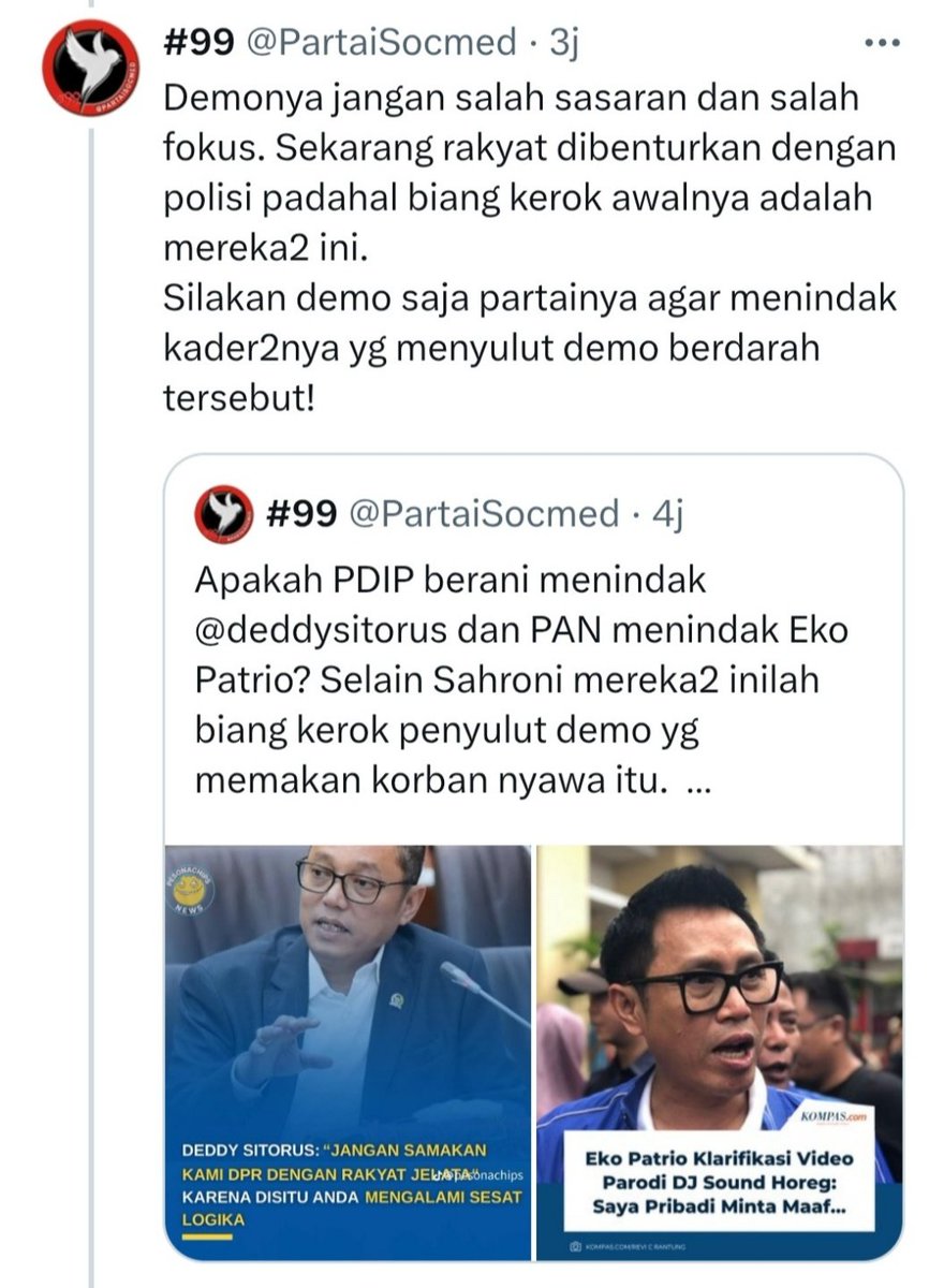 Woi termul kuntet <a href="/PartaiSocmed/">#99</a>‼️
Jgn arah²kan pendemo suruh nyasar ke parpol. 
Jika permasalahan elu dgn PDIP pengin tersalurkan, ajak aja follower elu dan relawan Jkw elu giring kesana.
Jgn benturkan massa demo dgn kepentingan elu