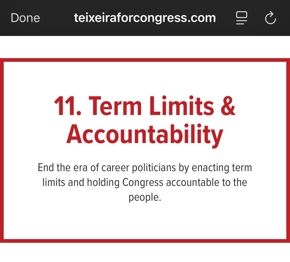 .<a href="/teixeiramark25/">Mark Teixeira</a>’s policy platform is the standard MAGA party line + calling for term limits in Congress.

Yesterday, I talked to Dem Senate cand. <a href="/AstroTerry/">Terry Virts</a> about his desire for congressional term limits.

Interested to see how much bipartisan traction this could get in 2026.