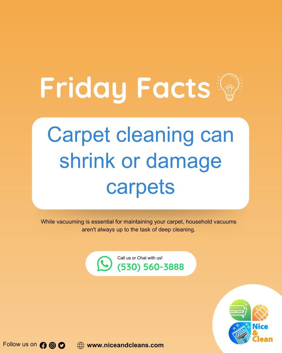 While carpets can shrink or be damaged during the cleaning process, this is typically only the case if the carpets are not properly cleaned.

Call us or Chat with us on Whatsapp: (530) 560-3888 | (415) 941-8921
Visit: niceandcleans.com

#SanFrancisco #FridayMotivation
