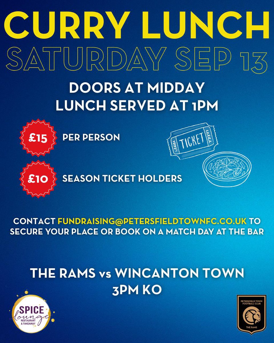 🥘 | 𝗖𝗨𝗥𝗥𝗬 𝗟𝗨𝗡𝗖𝗛 | 𝗦𝗘𝗣𝗧𝗘𝗠𝗕𝗘𝗥 𝟭𝟯𝗧𝗛

Join us for a special Curry Lunch before our home clash with Wincanton Town!

💷 £15 per person (includes match entry)
💷 £10 for season ticket holders

📅 Saturday 13th September
⚽ The Rams vs Wincanton Town

📩 To book: