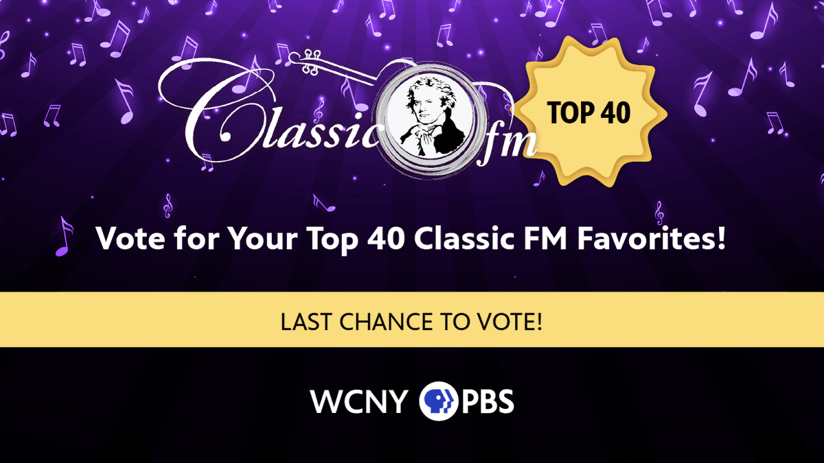 WCNYPBS's tweet image. Today is the last day to vote for the pieces you want to hear in WCNY Classic FM's Top 40 Listener Favorites. If you haven’t voted yet, what are you waiting for? Go to wcny.org/top-40 to submit your votes.

#WCNY #ClassicFM #Top40 #Vote #CNY