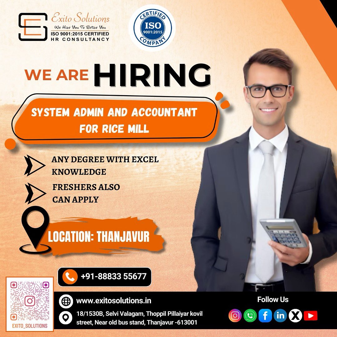 exitoashwin's tweet image. HIRING SYSTEM ADMIN
CALL 8883355677
#EXITOSOLUTIONS #Job #Thanjavur #ThanjavurJobs #Hiring #AccountantJob #SystemAdminJob #ThanjavurSystemAdminJob #Trending #Insta #Shorts #Live #FollowForJobUpdates #TamilNaduJobs #TrendingJobs #FollowUs #JobAlert #Followers #Trichy