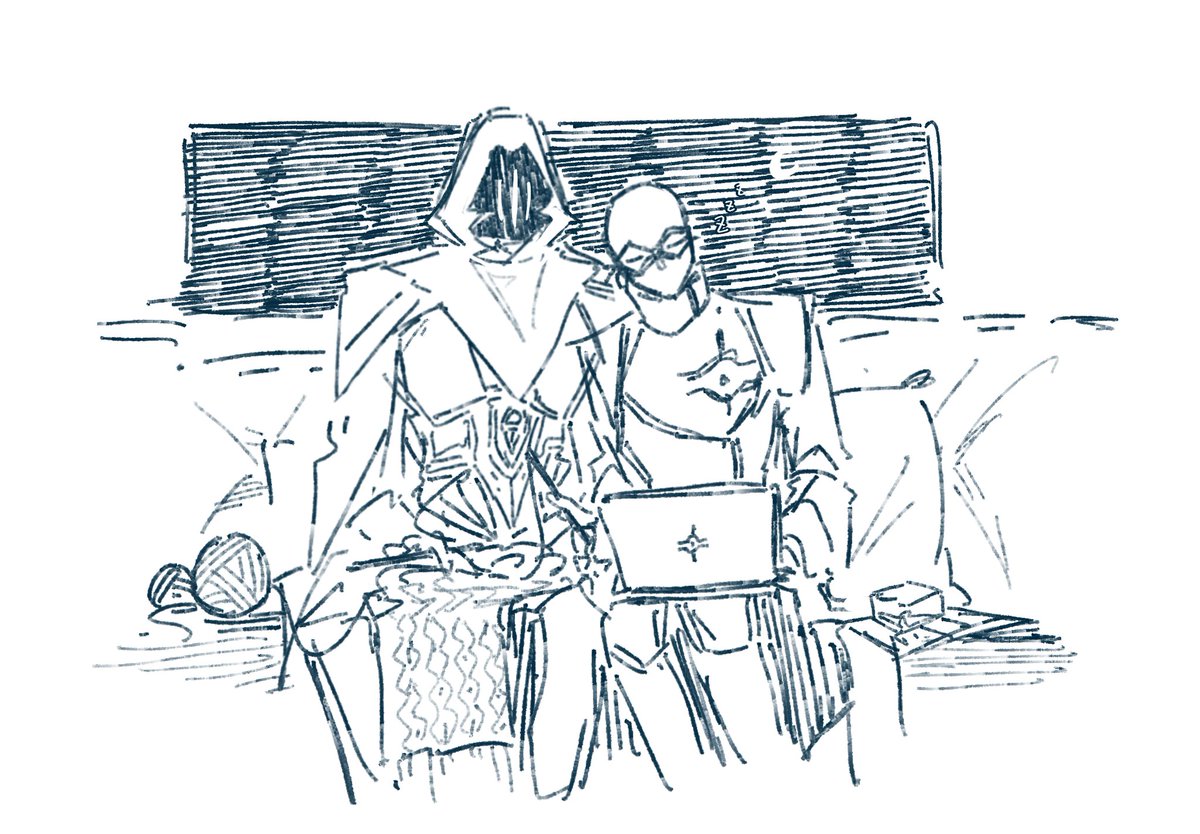 摸魚 想畫的是
不用睡覺的跟熬夜工作狂 一人一鬼半夜待在休息室 誰也沒說話安靜做自己的事 結果omen織毛線到一半肩膀一沉 發現隔壁的情報販子手還搭在鍵盤上 頭一歪就這樣睡著了 
這樣那樣 很萌…（比劃）

#ValorantArt #cyphmen