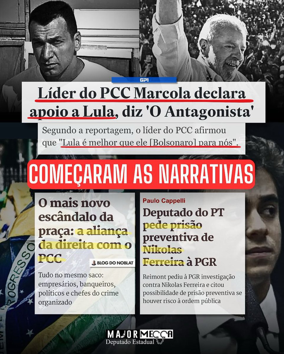 Major Mecca (@majormecca) on Twitter photo O mais novo absurdo que tentam empurrar para a população é a narrativa de uma suposta aliança entre a direita e facções criminosas. Isso não se sustenta diante dos fatos. Todos sabem quem comemorou a vitória do atual presidente: foram os presídios. Todos sabem qual partido atua, O mais novo absurdo que tentam empurrar para a população é a narrativa de uma suposta aliança entre a direita e facções criminosas. Isso não se sustenta diante dos fatos. Todos sabem quem comemorou a vitória do atual presidente: foram os presídios. Todos sabem qual partido atua,
