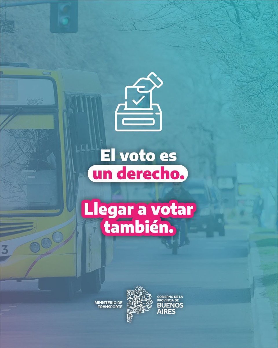 ¡Transporte público gratuito para las elecciones legislativas! 

El 7 de septiembre y el 26 de octubre vas a poder viajar sin costo en colectivos urbanos e interurbanos, de media y larga distancia y en el transporte fluvial del Delta.

El voto es un derecho, llegar a votar