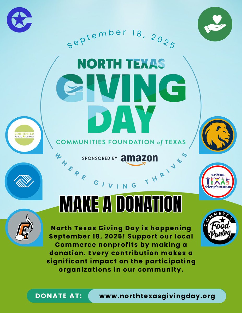 𝐋𝐚𝐬𝐭 𝐃𝐚𝐲 𝐭𝐨 𝐃𝐨𝐧𝐚𝐭𝐞 💙

Today is 𝐍𝐨𝐫𝐭𝐡 𝐓𝐞𝐱𝐚𝐬 𝐆𝐢𝐯𝐢𝐧𝐠 𝐃𝐚𝐲 🙌

You can support our local Commerce nonprofits today by making a donation. Every contribution makes an impact!

northtexasgivingday.org