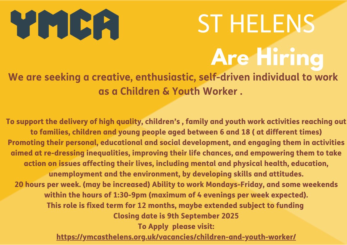 We are seeking a creative, enthusiastic, self-driven individual to work as a Children &amp; Youth Worker .
The role is part time ,20 hours( may be increased) Per week . Fixed term for 12 months , maybe extended subject to funding.
#youthwork#sthelens#youthworkjobs#youthmersyside