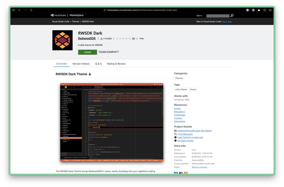 Amy Dutton (@selfteachme) on Twitter photo Did the world really need another VS Code theme? Probably not.
But I made RWSDK Light + Dark anyway β works in VS Code, Cursor, and Windsurf.
CC: <a href="/RedwoodJS/">RedwoodSDK</a> Did the world really need another VS Code theme? Probably not.
But I made RWSDK Light + Dark anyway β works in VS Code, Cursor, and Windsurf.
CC: <a href="/RedwoodJS/">RedwoodSDK</a>