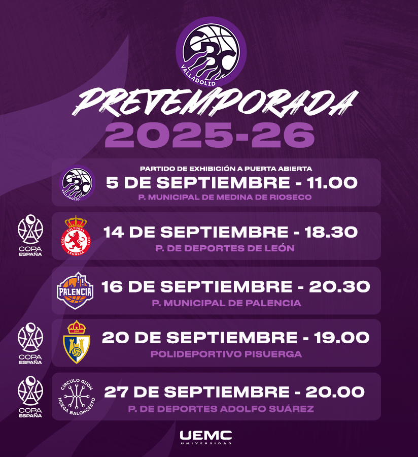 CBC_Valladolid's tweet photo. 💜📅 Definidos los HORARIOS y FECHAS definitivos de nuestra pretemporada.

👊 ¡Qué ganas de que esto empiece, afición!

#VolverParaVolver
@UEMC #PucelaBasket https://t.co/k60c9nRtsv