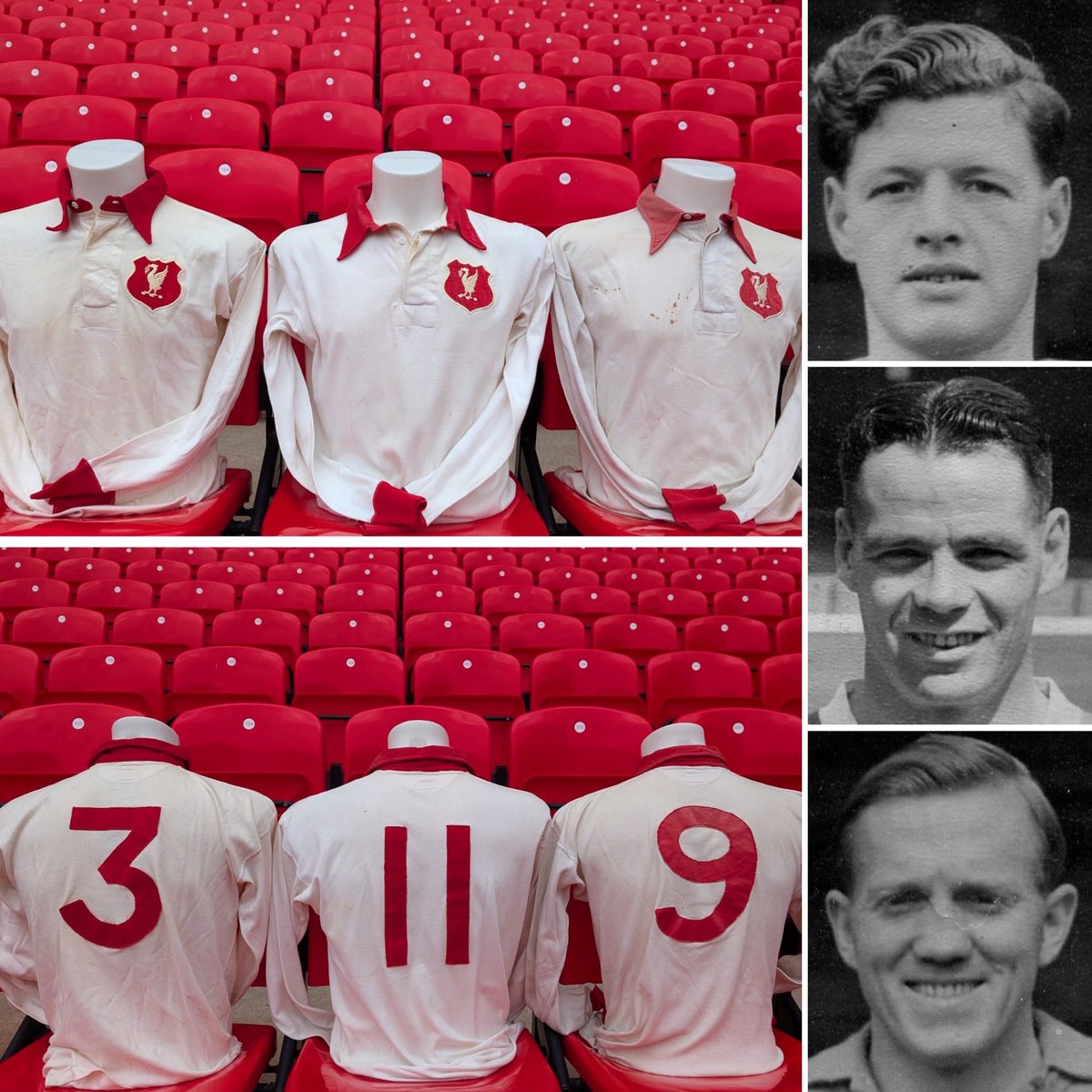 Back together after 75 years…the #LFC shirts worn by Eddie Spicer (3), Billy Liddell (11) and Albert Stubbins (9) in the 1950 FA Cup final v Arsenal. All three are preserved in the Liverpool Football Club Museum collection and feature in this weekend’s matchday programme 📕