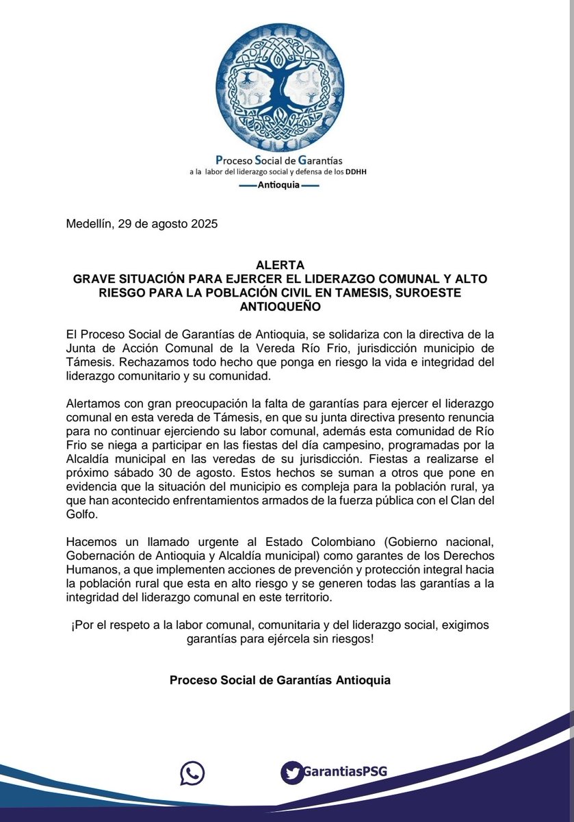 #Alerta grave situación para ejercer el liderazgo comunal y alto riesgo para la población civil en Mpio Tamesis, suroeste antioqueño. Nos solidarizamos con la JAC Vereda Riofrio y rechazamos todo hecho que ponga en riesgo la vida e integridad de la población y sus liderazgos!