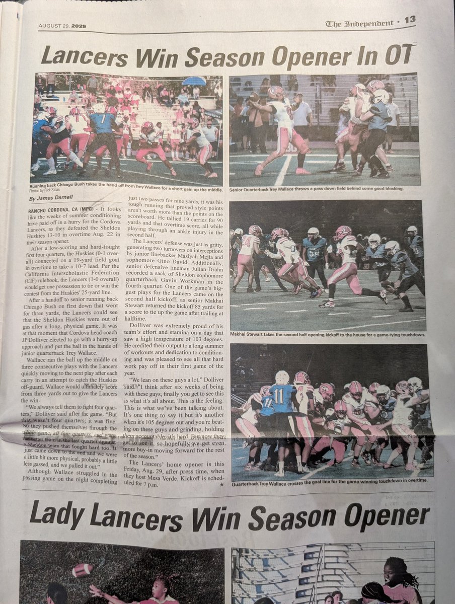 Thank you to <a href="/RCGI_MPG8/">Rancho Cordova Grapevine Independent</a> for featuring my team and I in today's paper with our win over Sheldon! Tonight we will be playing Mesa Verde under the lights for Senior Night. Come check us out at 7:00 PM!🏈 <a href="/chslancerfb/">Cordova High Lancer Football</a> <a href="/CoachDolliver/">JP Dolliver</a> <a href="/tamez209/">Chris Tamez, CSCS</a> #seniornight #lancerproud #gobigred