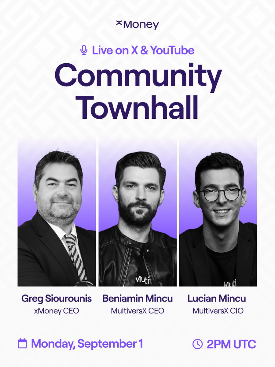 Every big step deserves an open conversation 👥

Next Monday, we’re hosting a Community Townhall with <a href="/xMoneyGreg/">Greg Siourounis</a>, our CEO, and the MultiversX founders, <a href="/beniaminmincu/">Beniamin Mincu |🇺🇸/acc</a> and <a href="/lucianmincu/">Lucian Mincu</a>, to share the reasoning behind our next moves, the opportunities opening up, and how xMoney is