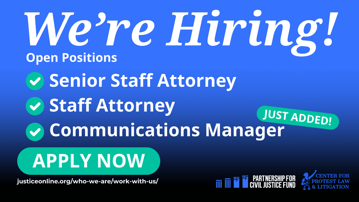 ThePCJF's tweet image. We're hiring a Senior Staff Attorney, Staff Attorney, and Communications Manager to join us in crucial impact litigation to protect democracy, advance free speech rights, and defend movements for racial, social, and environmental justice! Apply now!

🔗 justiceonline.org/who-we-are/wor…