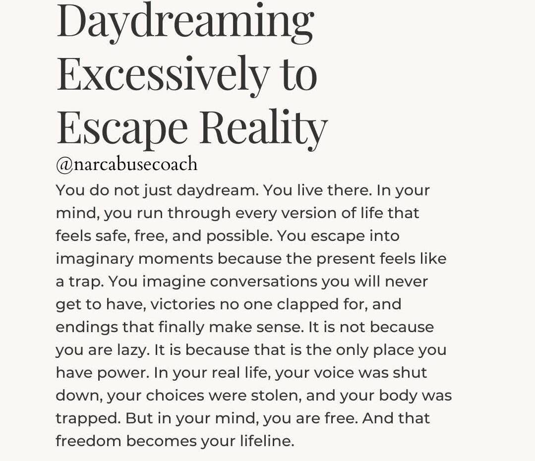 RhiaCrewe's tweet image. 💜 I used to daydream most days growing up. I eventually found out I was  dissociating. I would day dream then lose myself. I’d come back to being shouted at. *Please note daydreaming isn’t always dissociation* 💜
#daydream #escapism #dissociation #trauma
