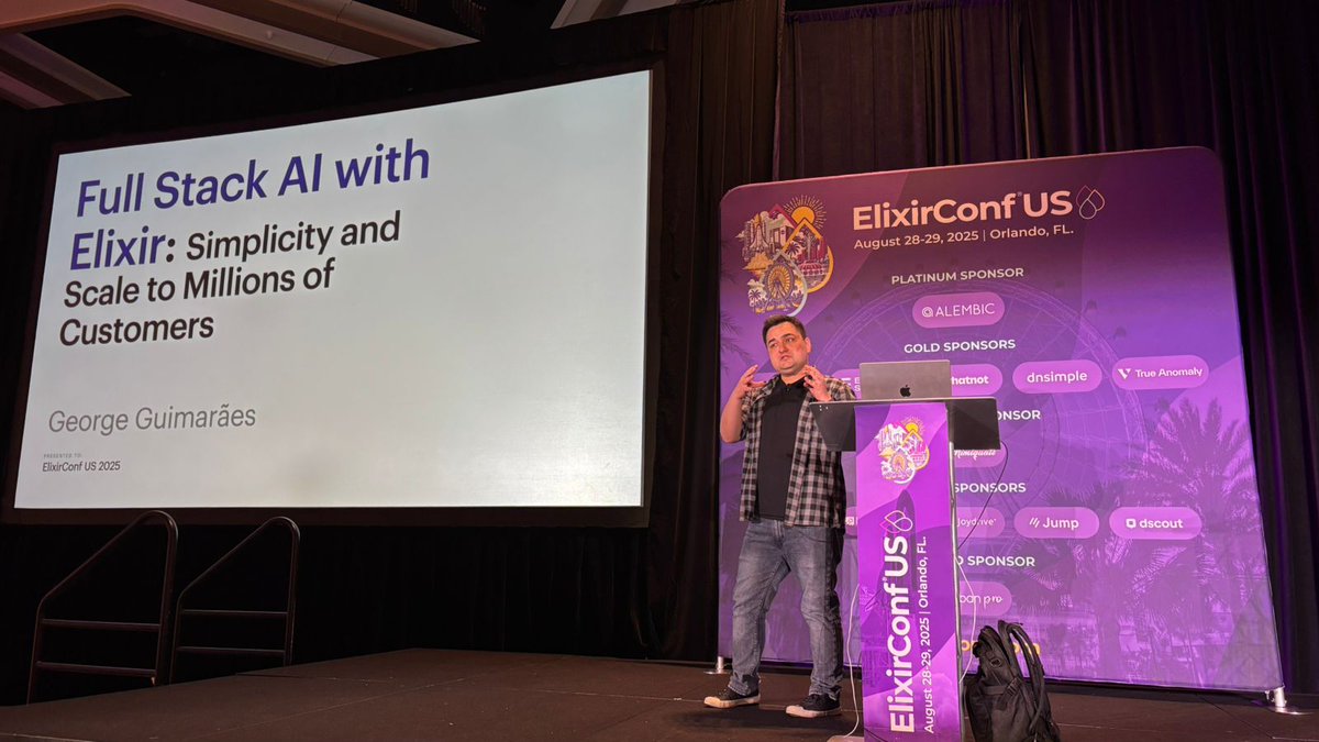 ElixirConf's tweet image. 🔥 # 3M customers, full-stack AI, single codebase
LLMs + GPU + LiveView dashboards
No Python microservices needed
@georgeguimaraes proves Elixir can power serious AI at scale. #ElixirConfUS