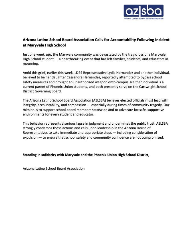 "As leaders in Arizona, and as an organization grounded in integrity, compassion, and empathy, we have a responsibility to uphold the trust of our community. That includes ensuring accountability for those who have been entrusted to serve and protect our students and families."
