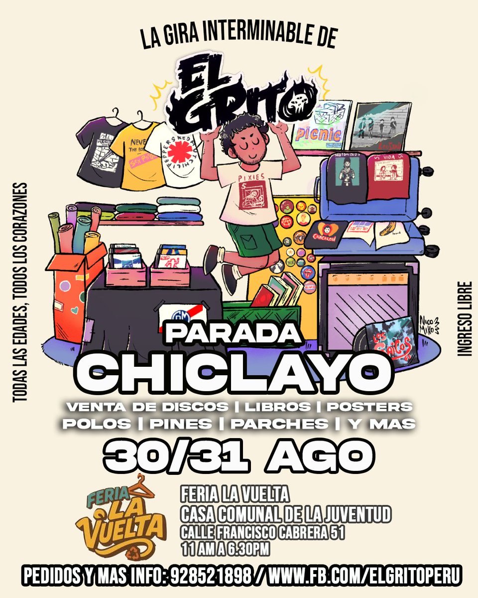 Este sábado y domingo estaremos en #Chiclayo con toda nuestra merch de música y contracultura. Si conoces algunos amigos de allí, ayúdanos a ¡📣 pasar la voz!