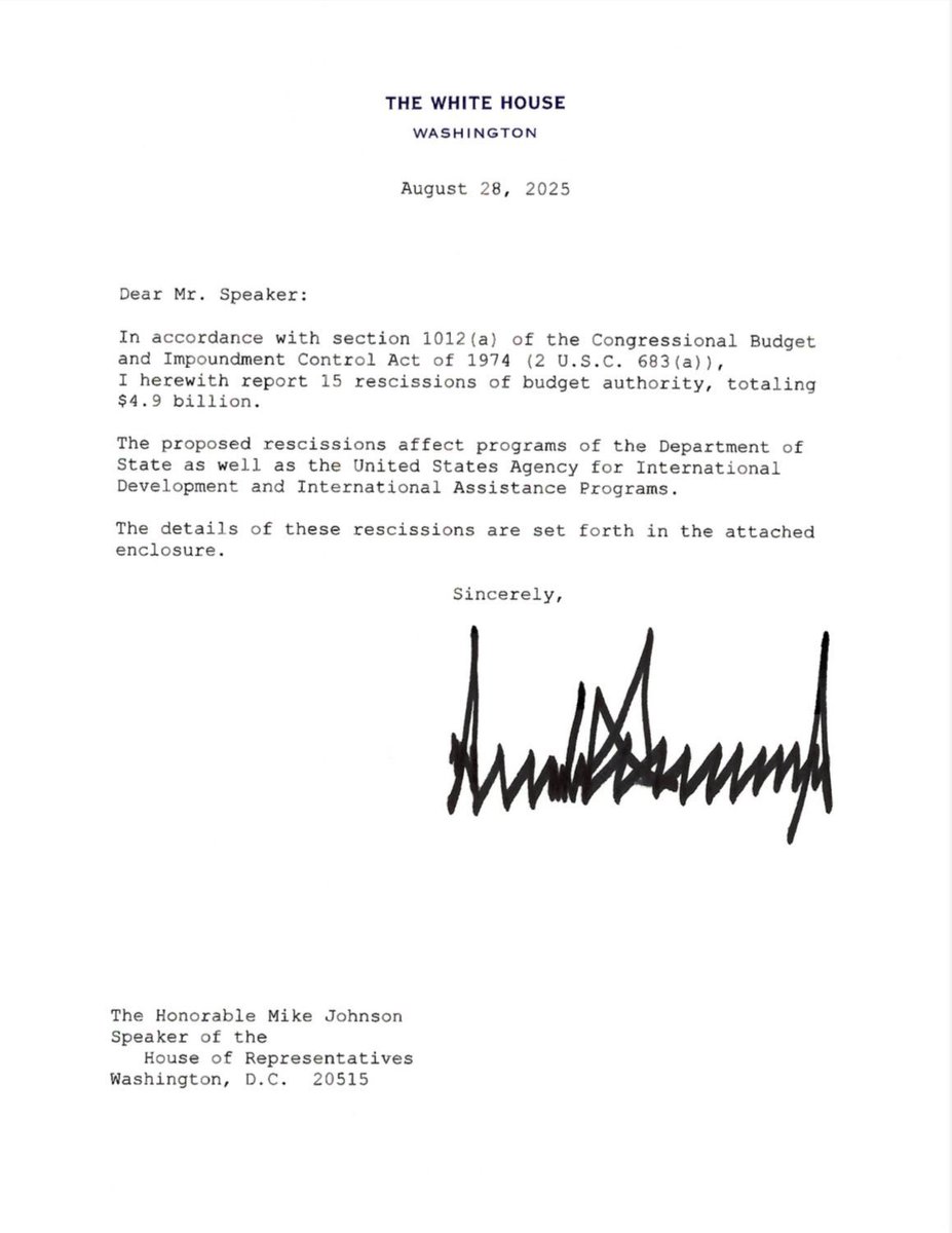 🚨BREAKING: President Trump scrapped $4.9B in U.S. foreign aid using a pocket rescission. 

A rare move that lets the president cancel approved spending without Congress.