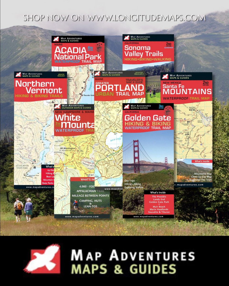 LongitudeMaps's tweet photo. 🥾🚲 Find your next trail with Map Adventures!

These waterproof, easy-to-use #hiking &amp; #biking maps for Northern New England, the Bay Area &amp; Santa Fe help you navigate trails, parks &amp; nature with trailhead info, activities, daytrips &amp; more!

🗺️ Shop: https://t.co/qAgtZkvWSc https://t.co/wTsZkjPjAO