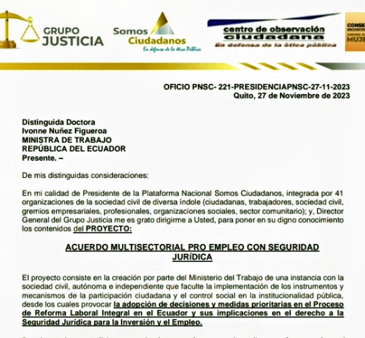 xbuendia2024's tweet photo. Somos Ciudadanos reactiva su iniciativa de Reforma Integral al Régimen Laboral "Acuerdo Multisectorial por el Empleo y la Seguridad Jurídica" en el marco de su campaña ciudadana "Cónclave Internacional Ecuador en Emergencia" @uees_ec  @PADFecuador @DanielNoboaOk @carolacalderonm https://t.co/Mz1mzIGFu2