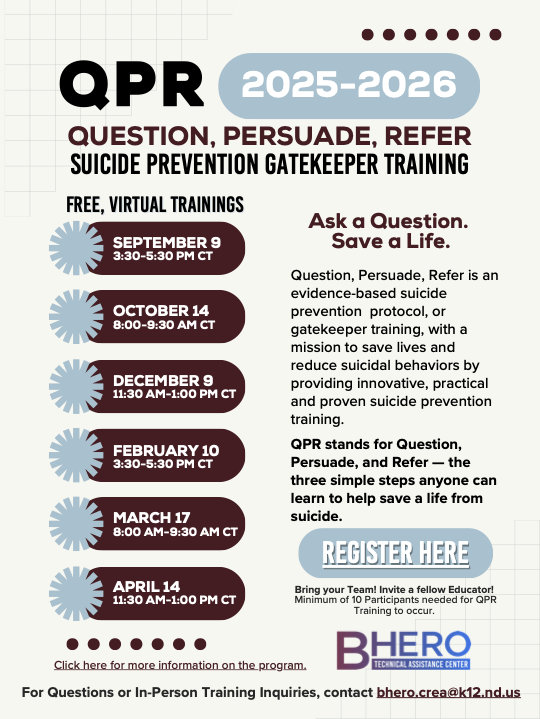 Question.
Persuade.
Refer.

QPR helps anyone learn three simple steps to help save a life from suicide. It is an innovative, practical and proven suicide prevention training.

Register today! tinyurl.com/QPR25-26