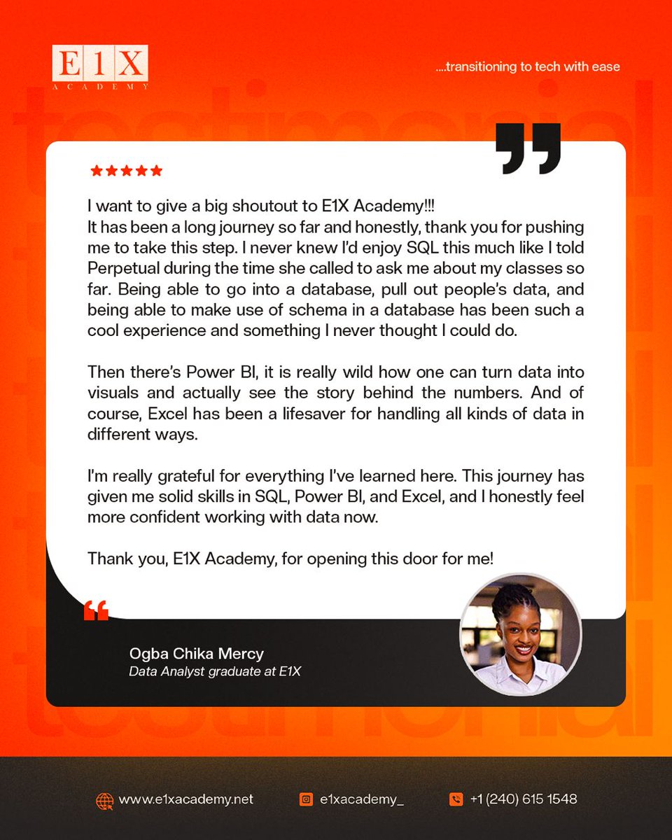 E1XAcademy's tweet image. Feedback Friday ✨
From no background in tech ➡️ confident in Excel, SQL, Python & Power BI.
Here’s Oluwatoyin’s journey with E1X Academy:
“E1X made Data Analytics simple and practical for someone like me with no prior experience.”
#FeedbackFriday #TechSkills #E1XAcademy