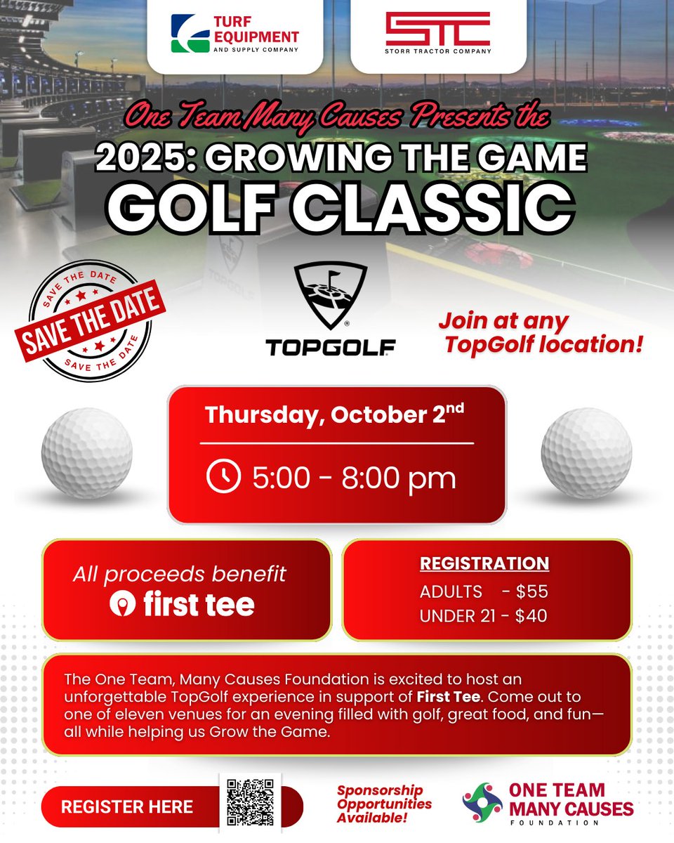 Don’t wait—register today for the Growing the Game Classic! On October 2 (5–8 PM), enjoy golf, food, drinks &amp; prizes across 11 TopGolf locations. All proceeds benefit First Tee, empowering youth through golf. Register here today: events.golfstatus.com/event/2025Grow…
