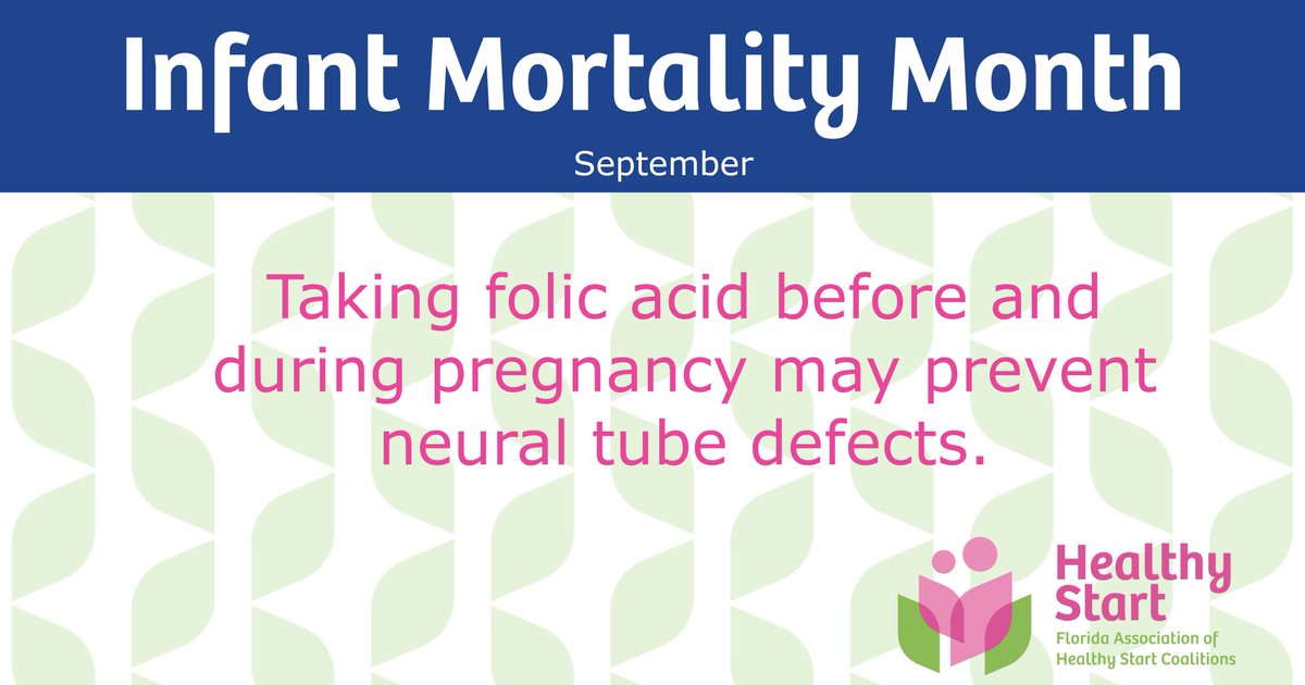 Taking folic acid before and during pregnancy can help prevent serious birth defects of the brain and spine. A daily vitamin with folic acid is a small step that makes a big difference for your baby’s health.

#InfantMortalityAwareness #FolicAcid