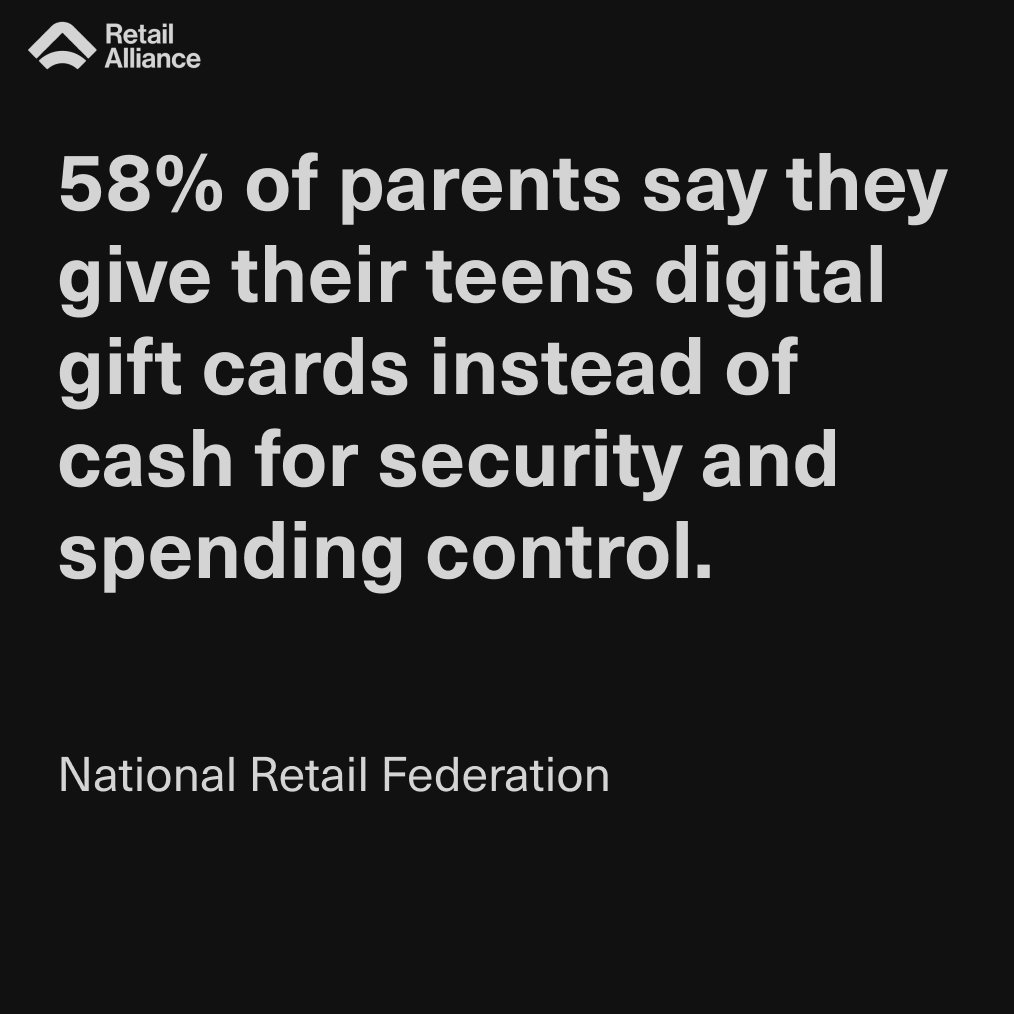 By choosing digital gift cards over cash, parents gain the ability to guide spending, ensure security, and provide flexibility - delivering peace of mind while still giving teens independence.

Source: <a href="/NRFnews/">National Retail Federation</a>