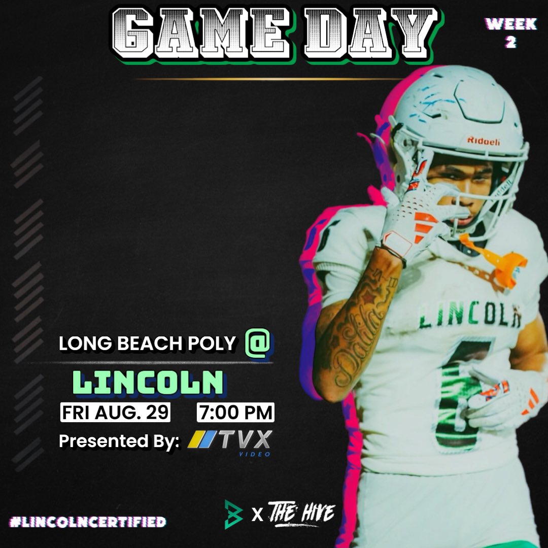 ‼️ITS GAMEDAY‼️
🆚: Long Beach Poly (<a href="/LBPoly_Football/">Long Beach Poly Football 🐇🏈</a>)
📅: TONIGHT‼️
📍: The Hive
⏰: 7PM
🎟: $13
📺: Cox 4
💻: youtube.com/live/Q9msqfO_S…
Wear Green 🍀 Be Loud 🤯
#LincolnCertified 🍀 #RepTheHive