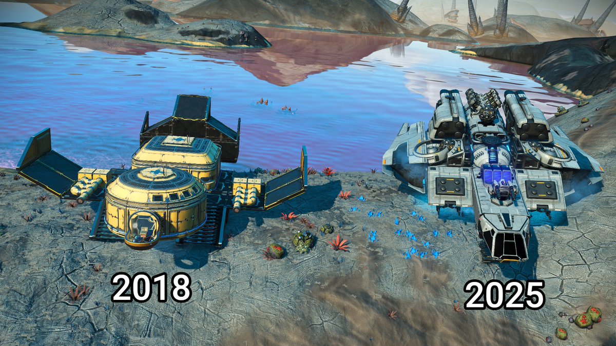 KashKaroon's tweet photo. In 2018 I built a "Long Range Hauler" in #NoMansSky from prefab base parts for an ingame scavenger hunt; it still exists, and I couldn't help but land my corvette next to it and reflect about how far this game has come since then. #QitanianEmpire @hellogames @NoMansSky https://t.co/4oUaldwJEq