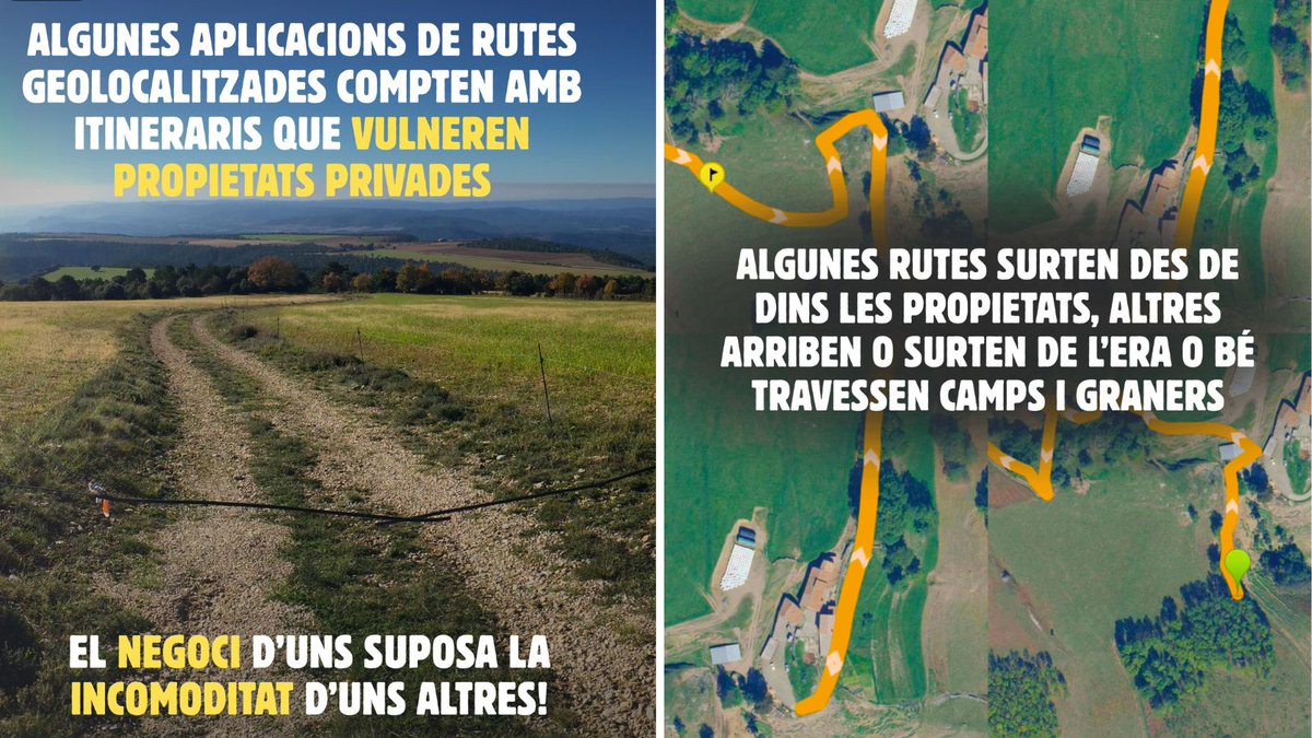 uniopagesos's tweet image. 🚫🌱 Sabies que algunes aplicacions de rutes recomanen camins que passen per dins de finques privades?
Això complica que la pagesia pugui treballar amb tranquil·litat i seguretat.

El camp no és un parc temàtic.
Darrere hi ha hores de feina, esforç i respecte per l'entorn.