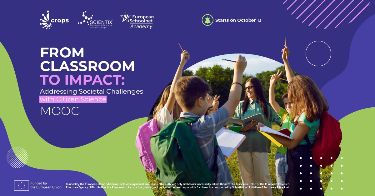🌍 Imagine your students as real researchers, tracking climate change &amp; analysing cancer data, with citizen science.
✨ Join the #cropsCSMOOC transform your classroom into a discovery lab
🚀 Starts Oct 13 👉 bit.ly/CropsMOOC
@cropscs @Scientix_EU @eun_schoolnet