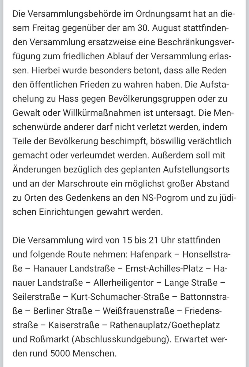 FDPffm's tweet photo. Hier nun die Auflagen sowie die geänderte Route…man darf gespannt sein, wie lange es dauert, bis Auflagen verletzt werden und die @Polizei_Ffm eingreifen muss 🤷‍♂️ https://t.co/U6GYpQ03l7