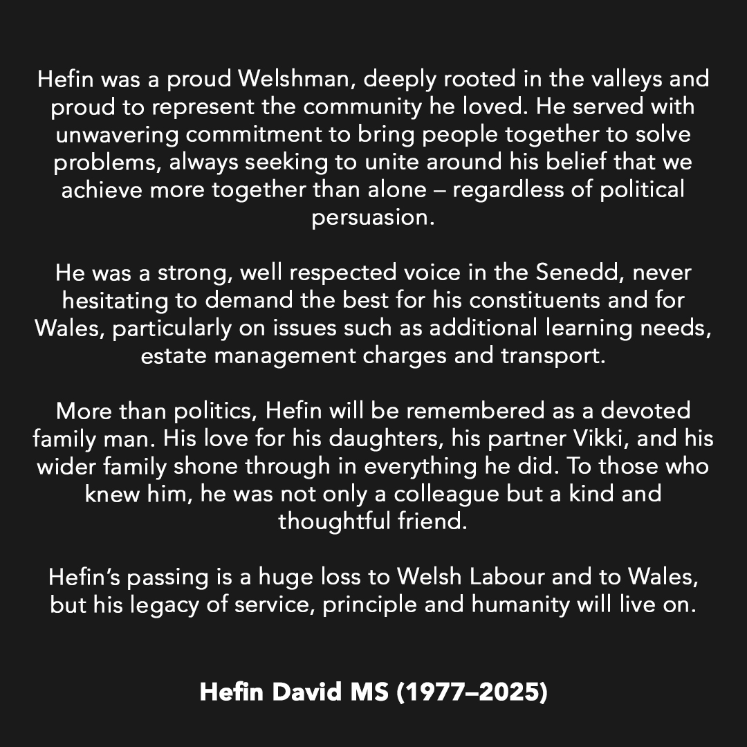 Today, on the day of Hefin David’s funeral, we remember and honour his life of service, to his family, to Caerphilly, and to the people of Wales.