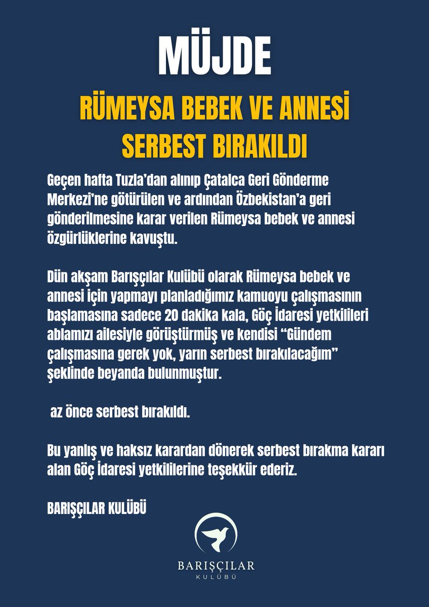Müjde!

Geçen hafta geri gönderme merkezine alınan Rümeysa bebek ve annesi serbest bırakıldı.
Bu yanlış karardan dönerek özgürlüğü sağlayan Göç İdaresi yetkililerine teşekkür ederiz.

BARIŞÇILAR KULÜBÜ
