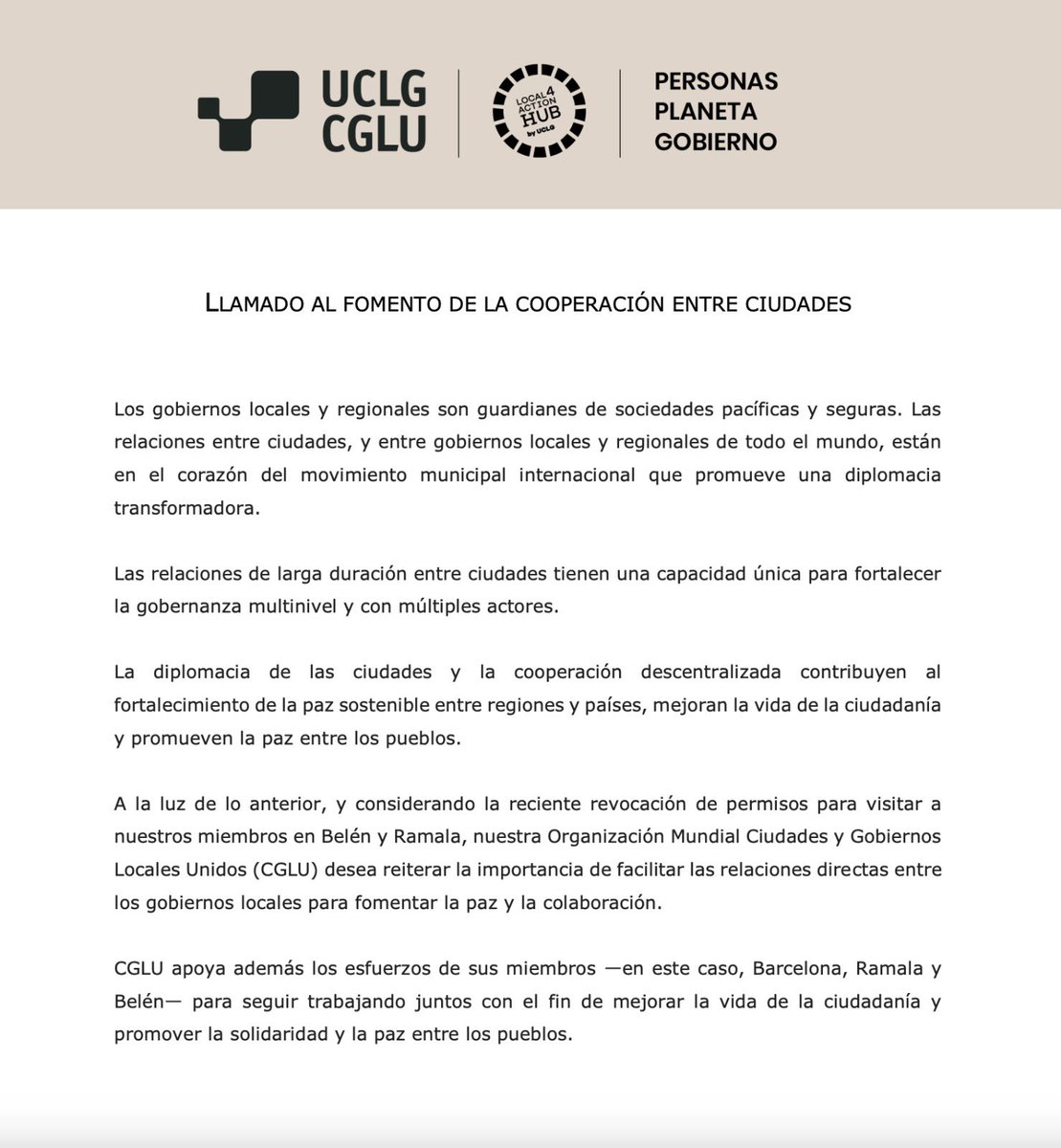 Los gobiernos locales y regionales están en el 🤍 de la diplomacia transformadora.

🏙️ CGLU y su membresía reiteran la importancia de las relaciones directas de ciudad a ciudad para fomentar la paz, la colaboración y la solidaridad.

🔗 t.ly/8z3sf

#Listen2Cities