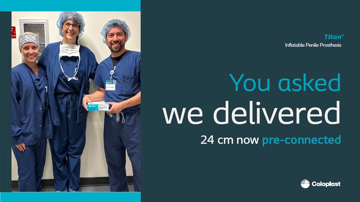 Coloplast_MD's tweet photo. Now available: The Titan IPP 24cm pre-connect for a streamlined solution for larger sizes. Congrats to Dr. Madden-Fuentes and Dr. Britney Atwater on achieving this exciting milestone with their first case!

Learn more: https://t.co/E91UadD3Yt
Safety info: https://t.co/ugMR11M2a2 https://t.co/lVOfFhxYjZ
